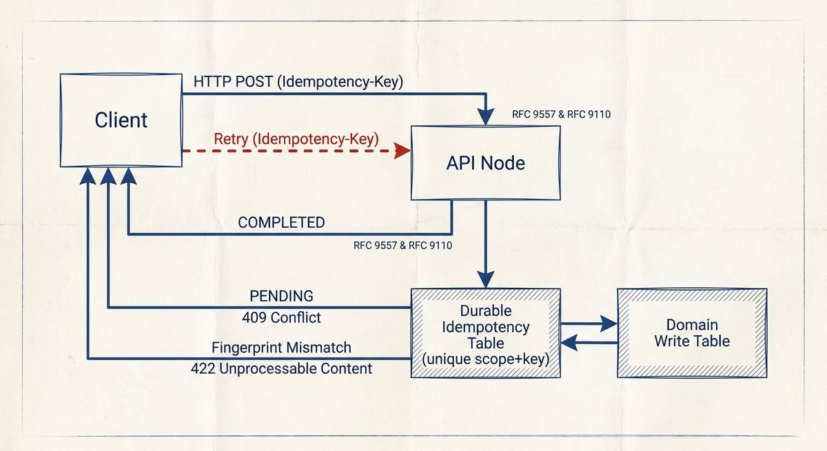 Diagram showing how an Idempotency-Key is checked against a durable table before a write is executed or a retry response is returned.