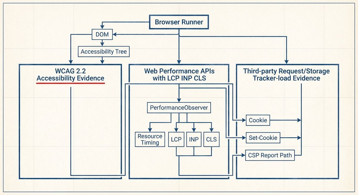 Diagram showing one browser measurement run branching into accessibility, performance, and tracker-load evidence streams.
