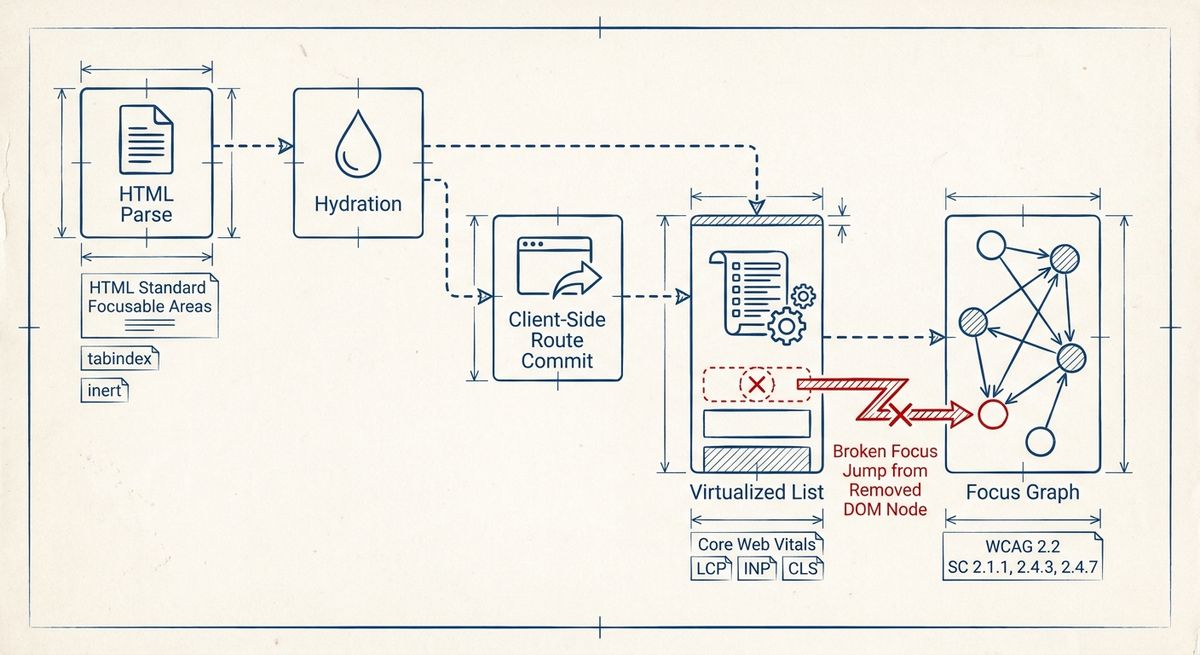 Diagram showing how hydration, routing, and virtualization can change the focus graph independently of performance metrics.