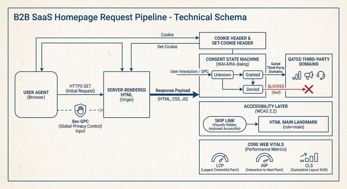 Line-art diagram of a B2B SaaS homepage consent pipeline showing initial HTML, consent state, gated third-party requests, cookies, Sec-GPC, skip link, and main landmark.