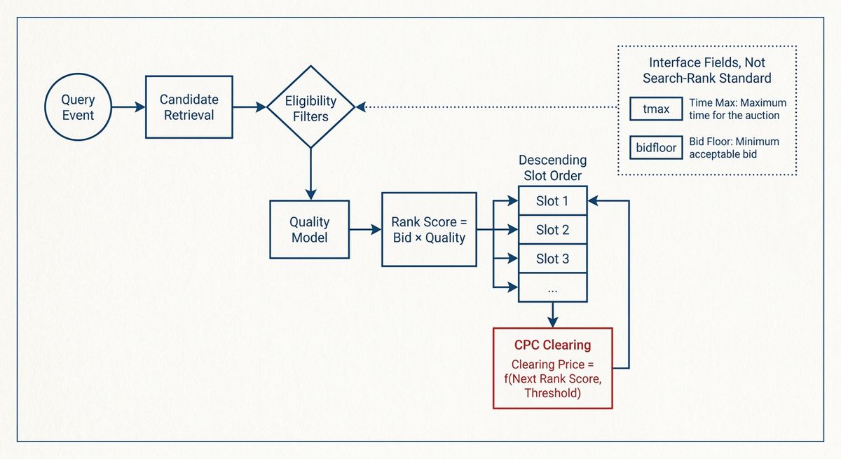 Line-art pipeline showing how a search ad request becomes eligible candidates, ranked slots, and a cleared cost per click.