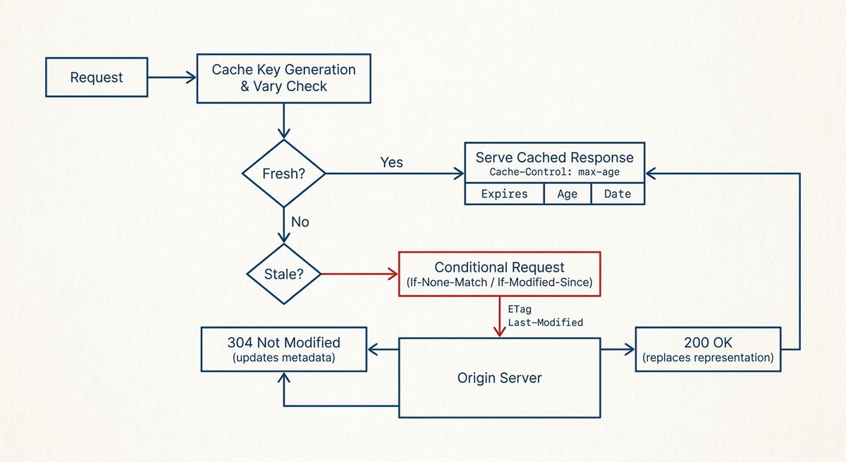 State machine showing browser cache freshness checks and conditional revalidation with ETag or Last-Modified.