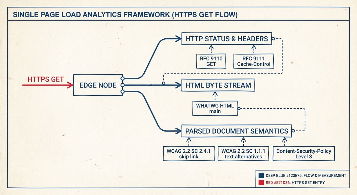 Diagram of a wire-level homepage measurement from HTTPS GET through HTTP headers, HTML bytes, and parsed accessibility semantics.