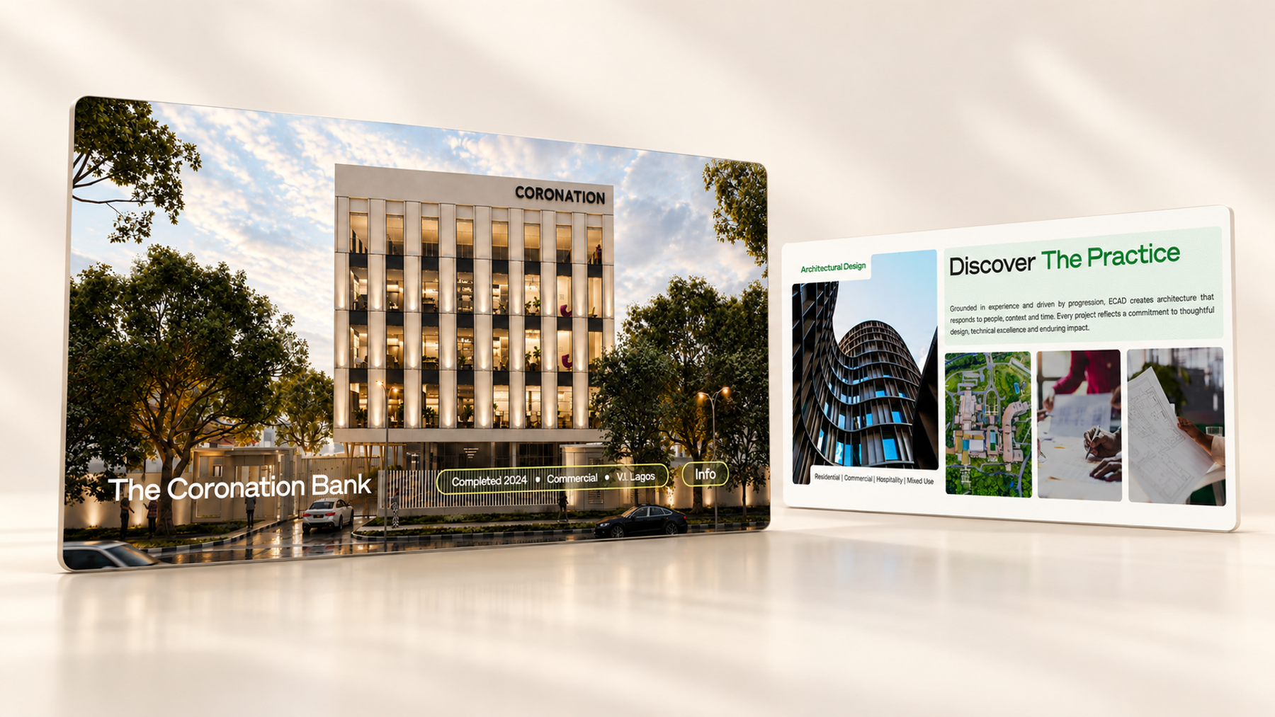 ECAD Architects website design presented as two screens on a warm ivory background.