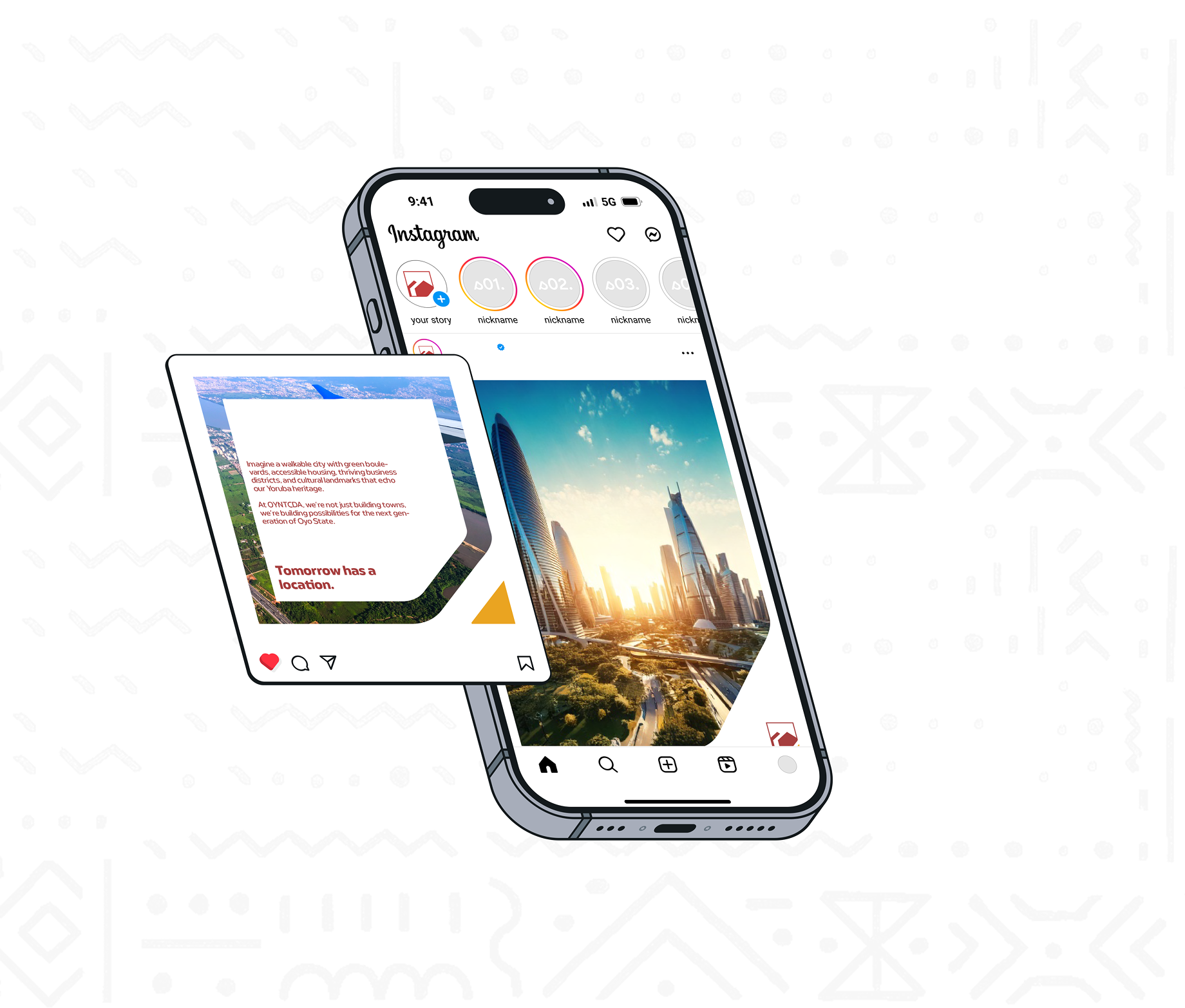 OYNTCDA social media identity presented on an illustrated phone and post card