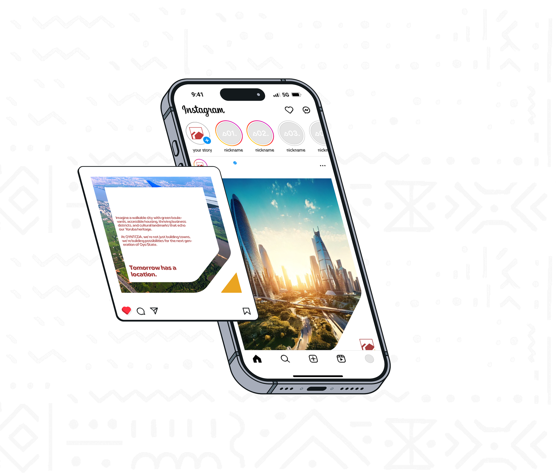 OYNTCDA social media identity presented on an illustrated phone and post card