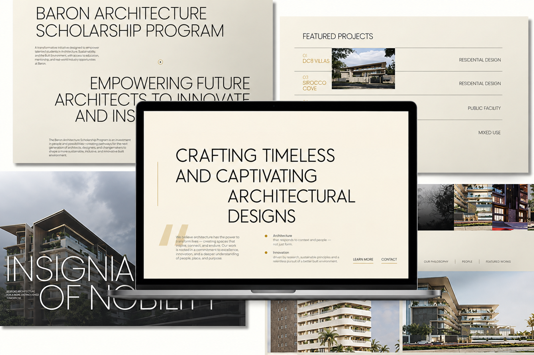 Baron Architecture company-profile editorial design presented on a printed sheet against a charcoal background.