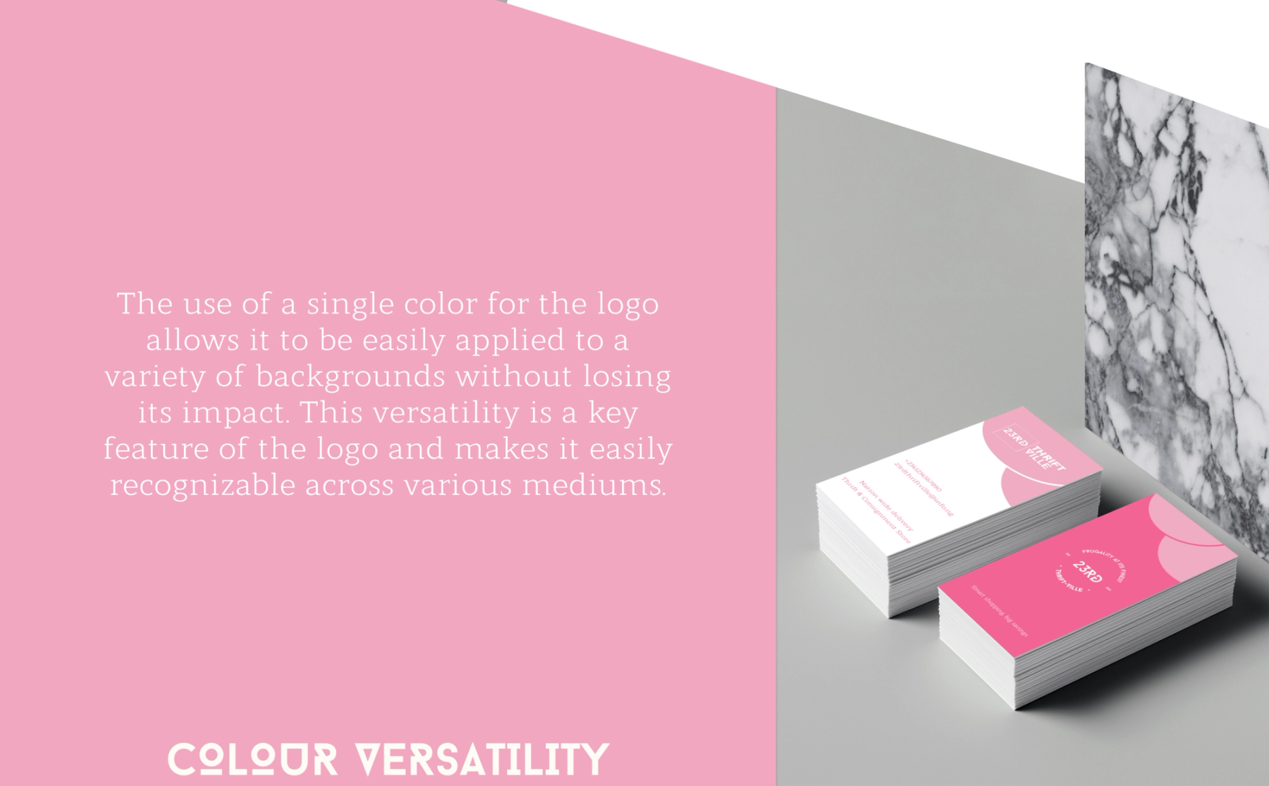 Pink and white 23rd Thrift Ville business-card mockups beside a marble wall