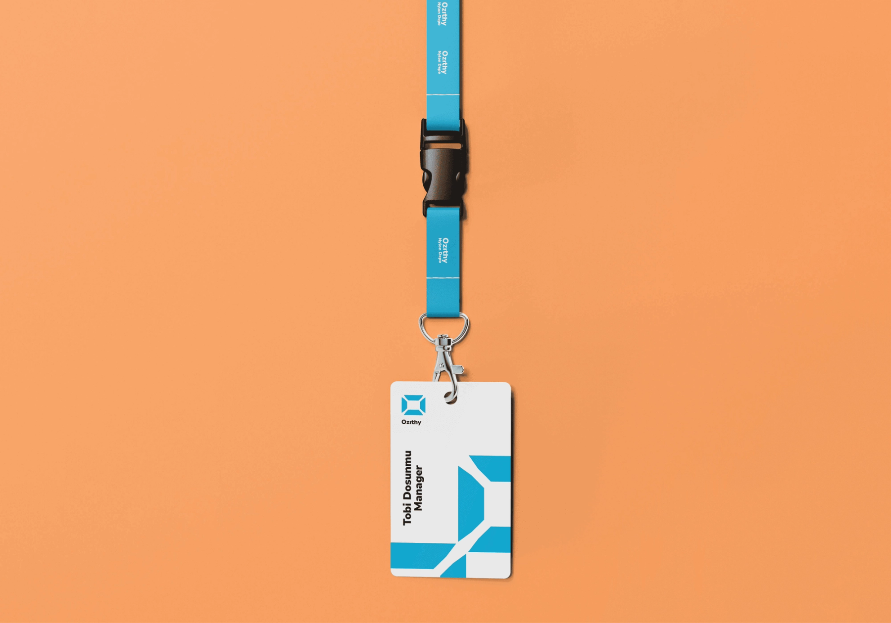 Blue Ozithy-branded lanyard and card on a warm orange background