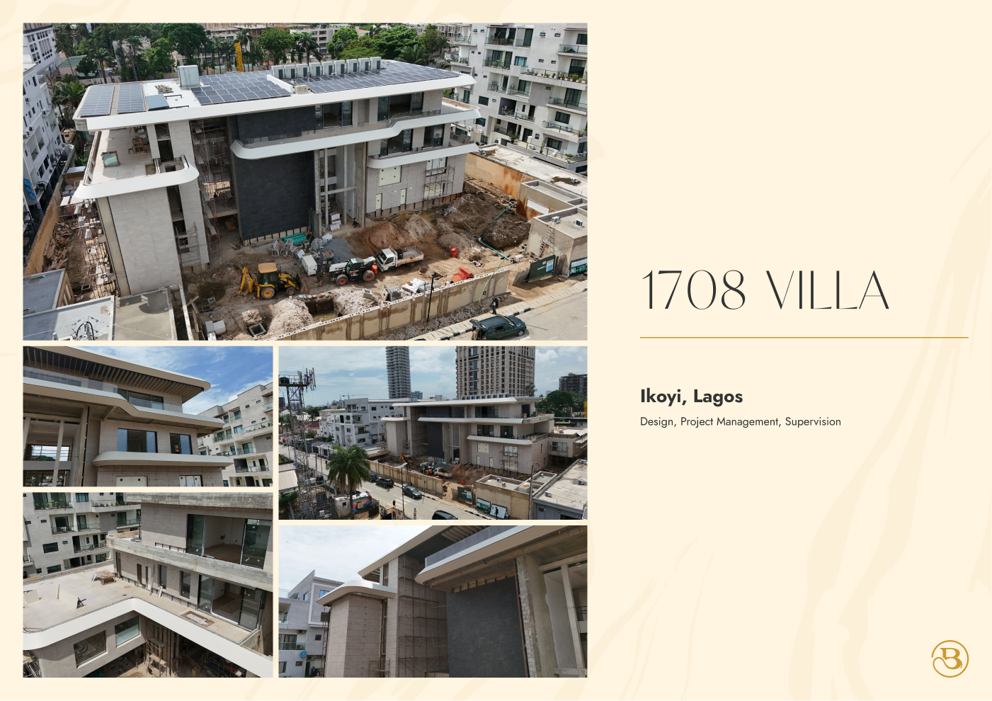 Baron company profile layout presenting 1708 Villa with photographs and a gold visual system