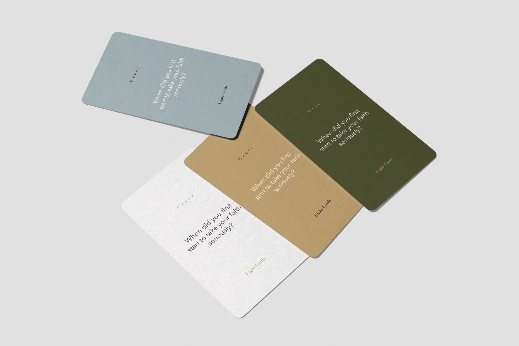 A clean, minimalist approach to the game's interactive elements. Set against the brand's primary color palette, the refined typography prompts players with thought-provoking questions like, "When did you first start to take your faith seriously?", balancing a structured layout with meaningful engagement.