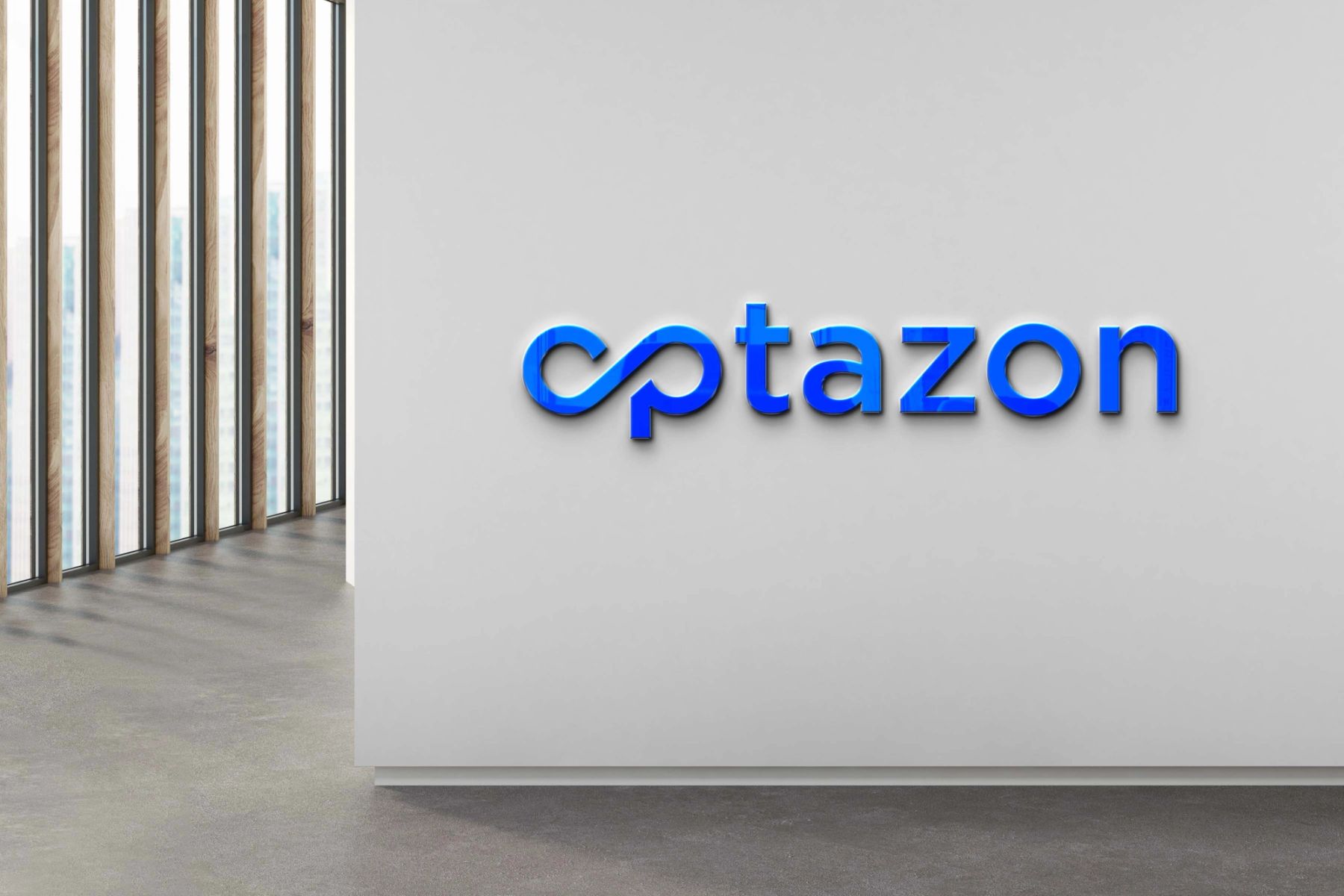 Blue Optazone wordmark on an interior wall in a signage mockup