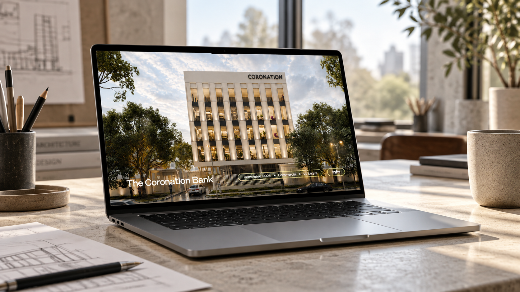 ECAD Architects website displayed on a laptop in a naturally lit architectural studio