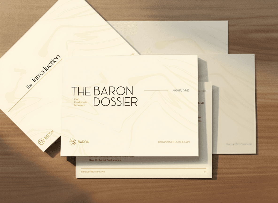 The Baron Dossier editorial booklet presented on a wooden table