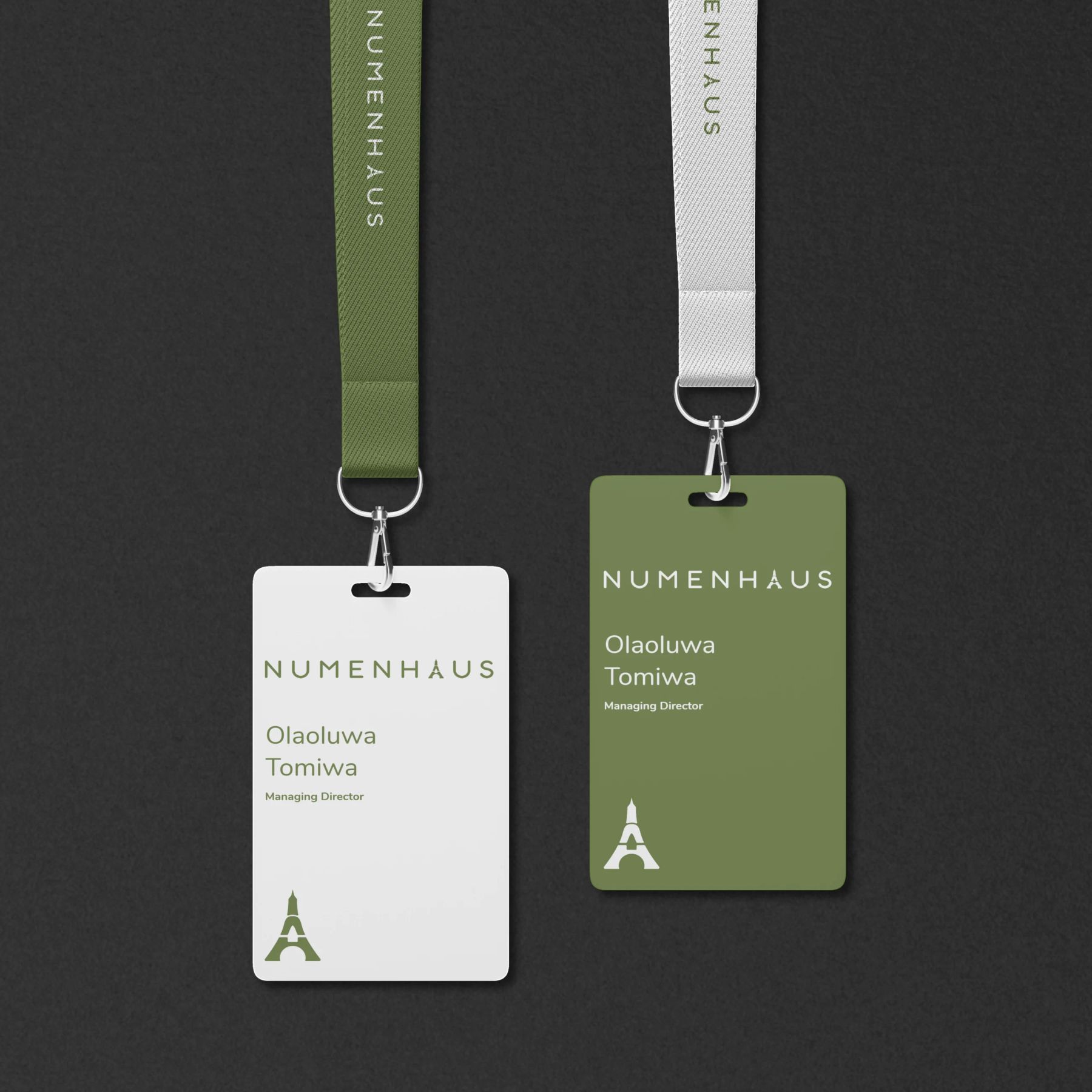 Numenhaus olive and ivory identity applied to lanyards