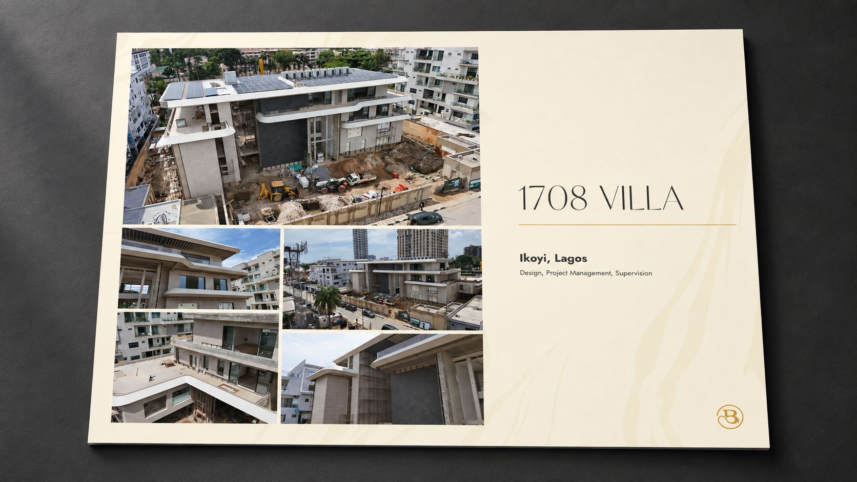 Baron Architecture company-profile editorial design presented on a printed sheet against a charcoal background.