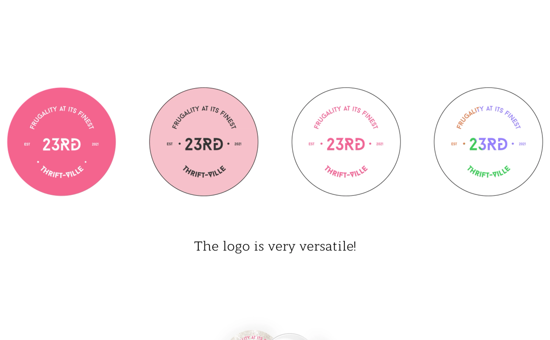 Four colour treatments of the 23rd Thrift Ville circular logo on pink and white backgrounds