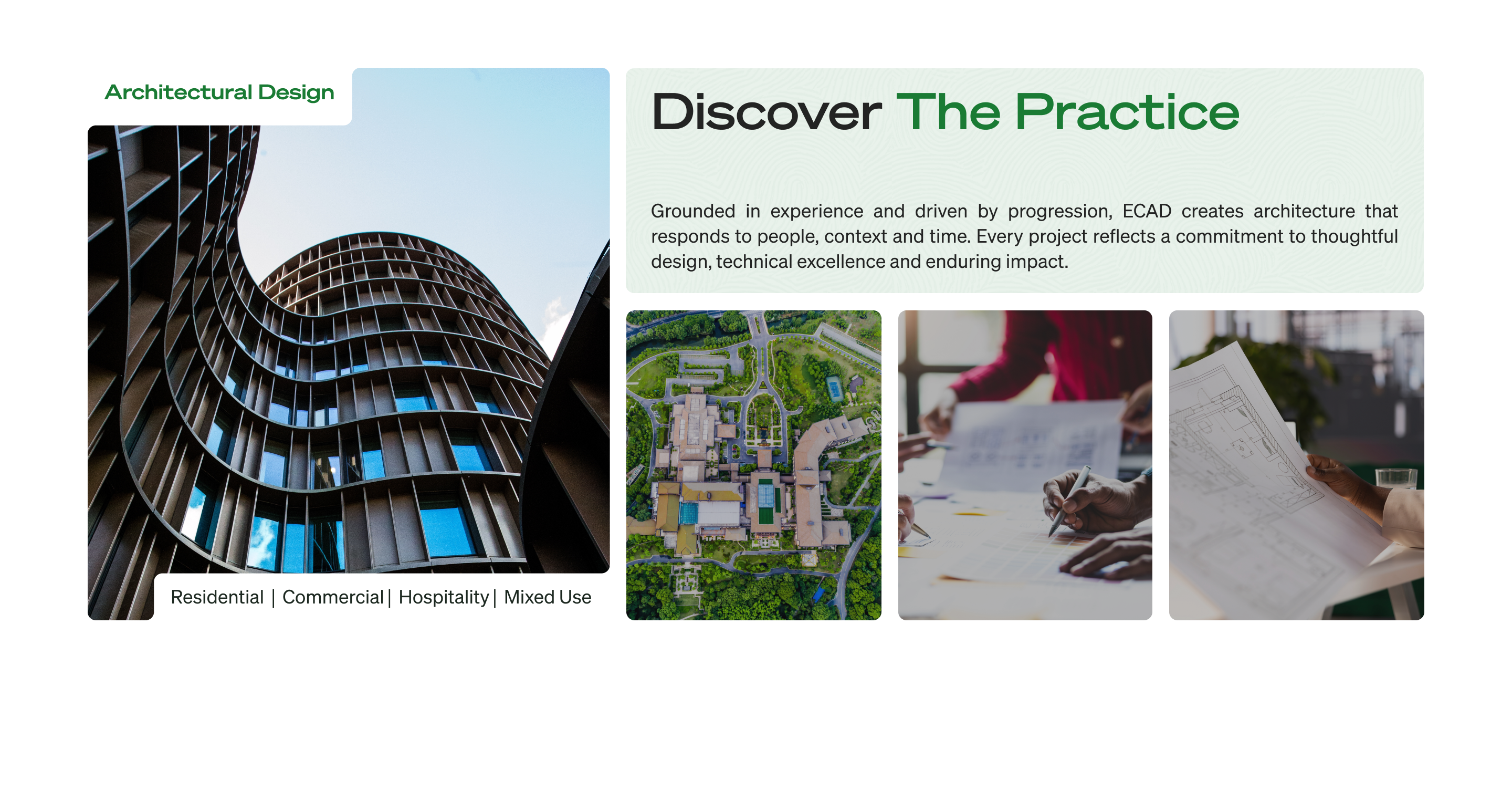 ECAD website practice section with green typography and an architectural project grid