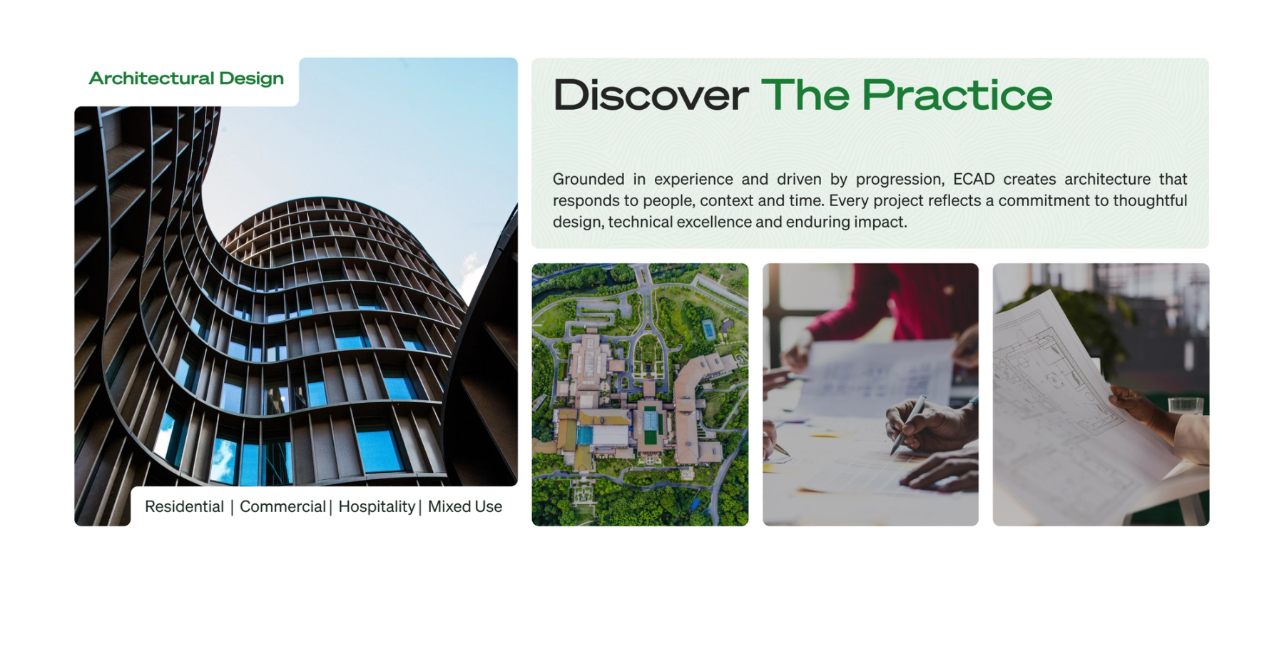 ECAD website practice section with green typography and an architectural project grid