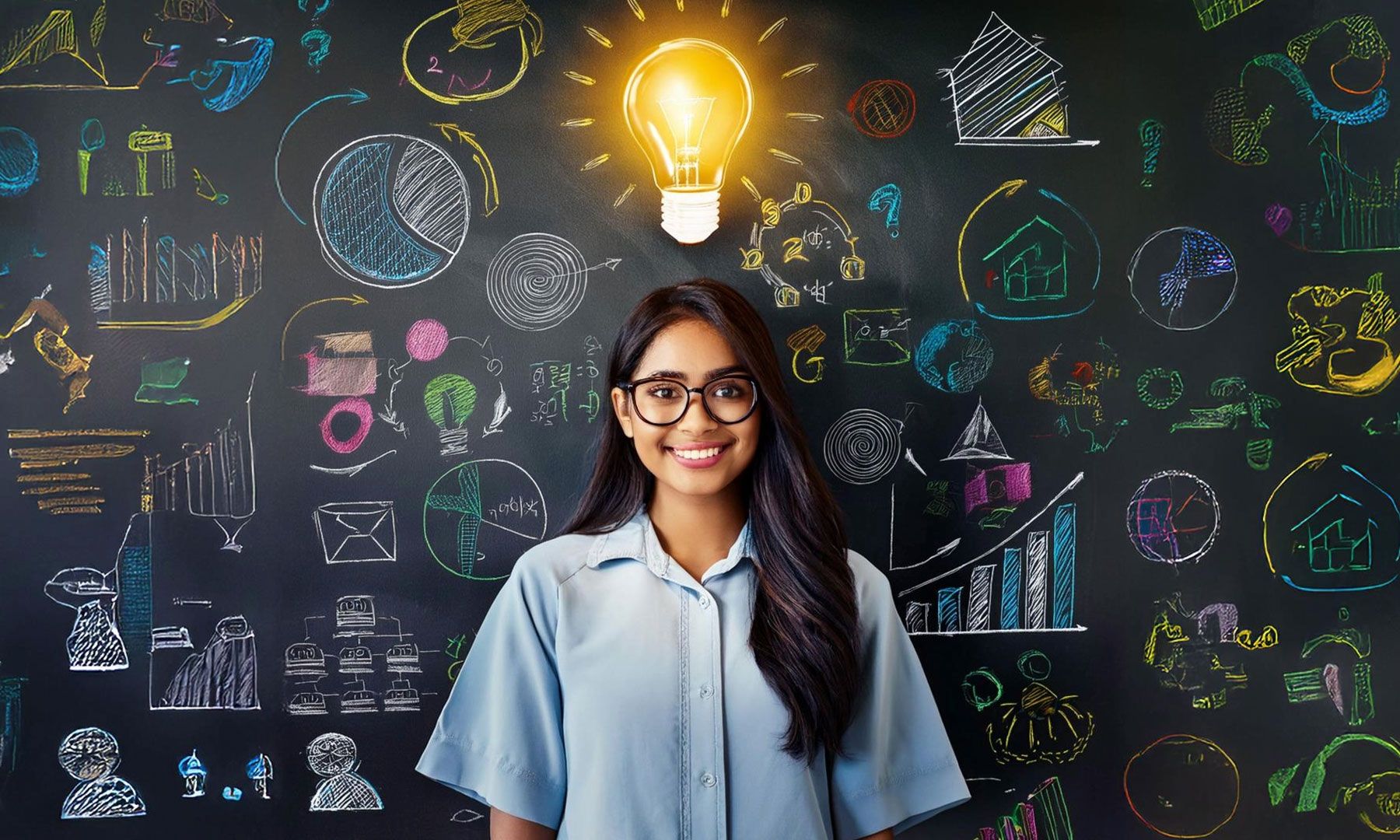 Student with Lightbulb and Chalkboard Illustrations