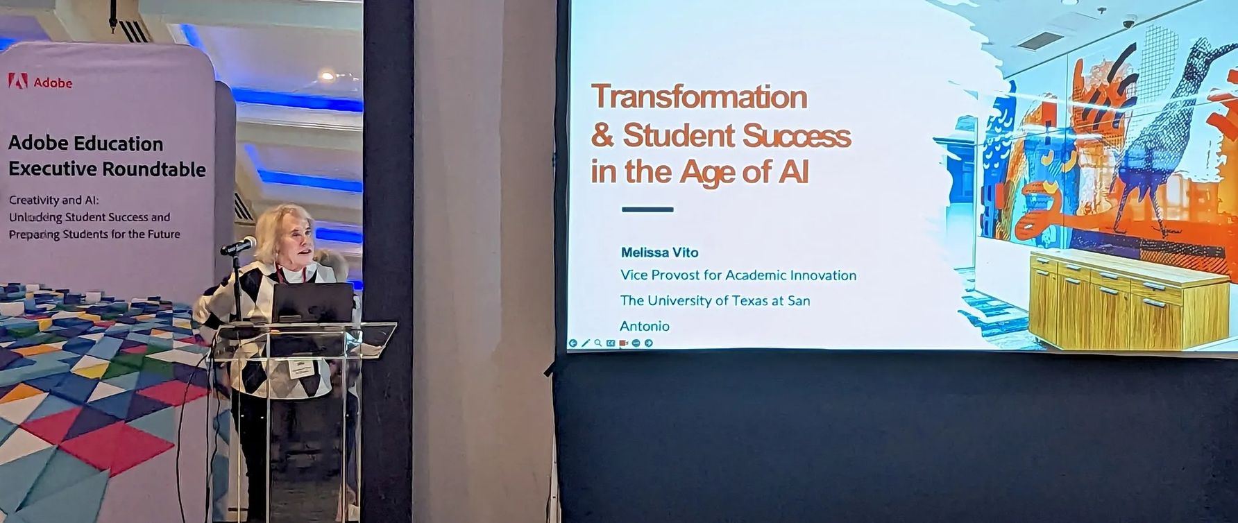 Image of a presentation given by Melissa Vito, on screen says Transformation & Student Success in the Age of AI.