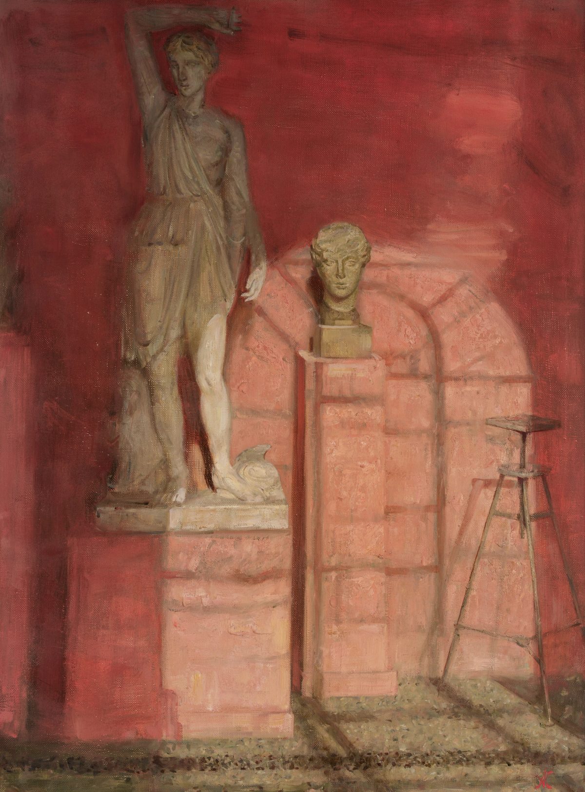 Dark gallery interior with a figure beside display cases and a tall window.