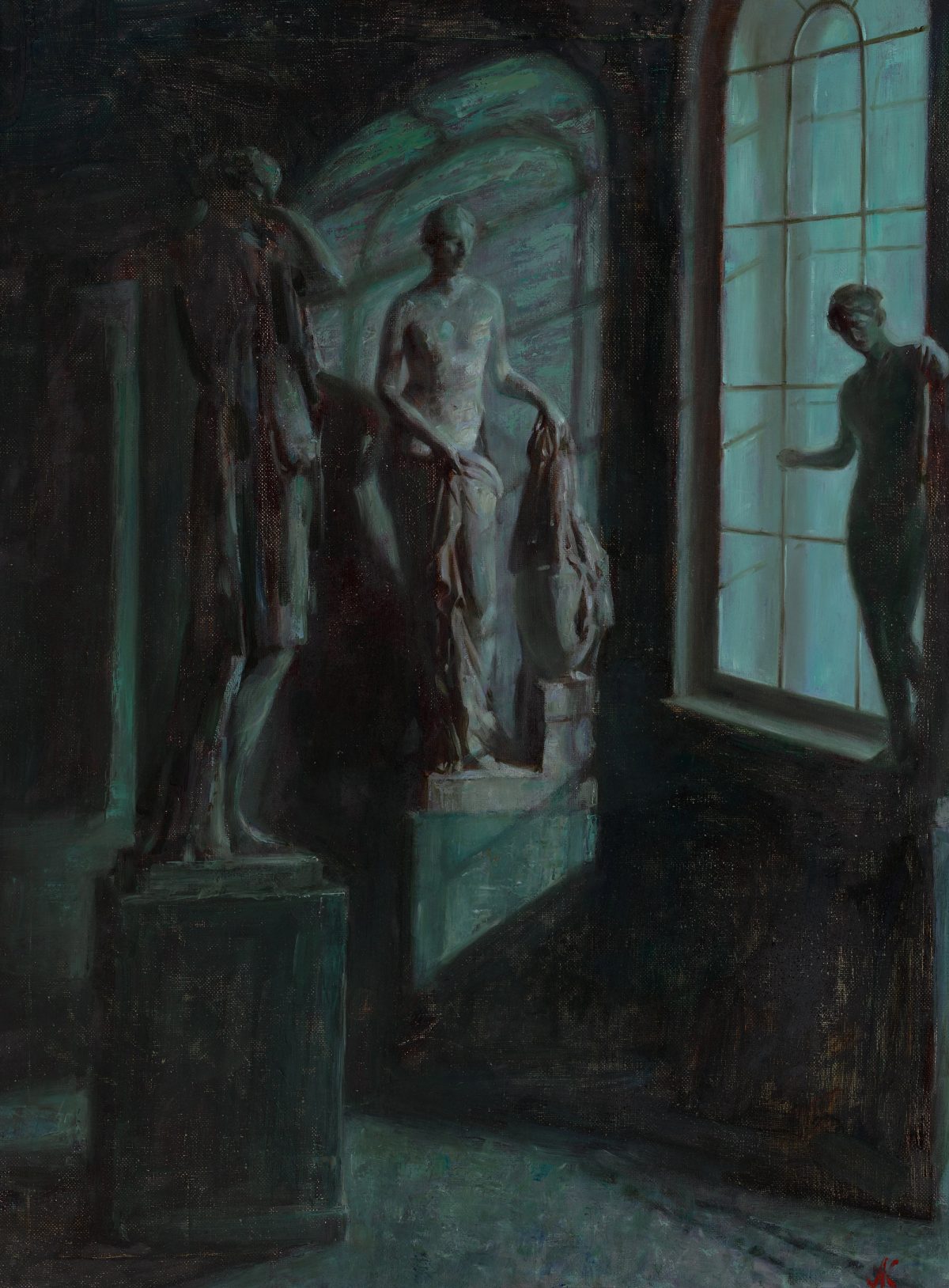 Red gallery interior with diagonal bands of light and a tall window.