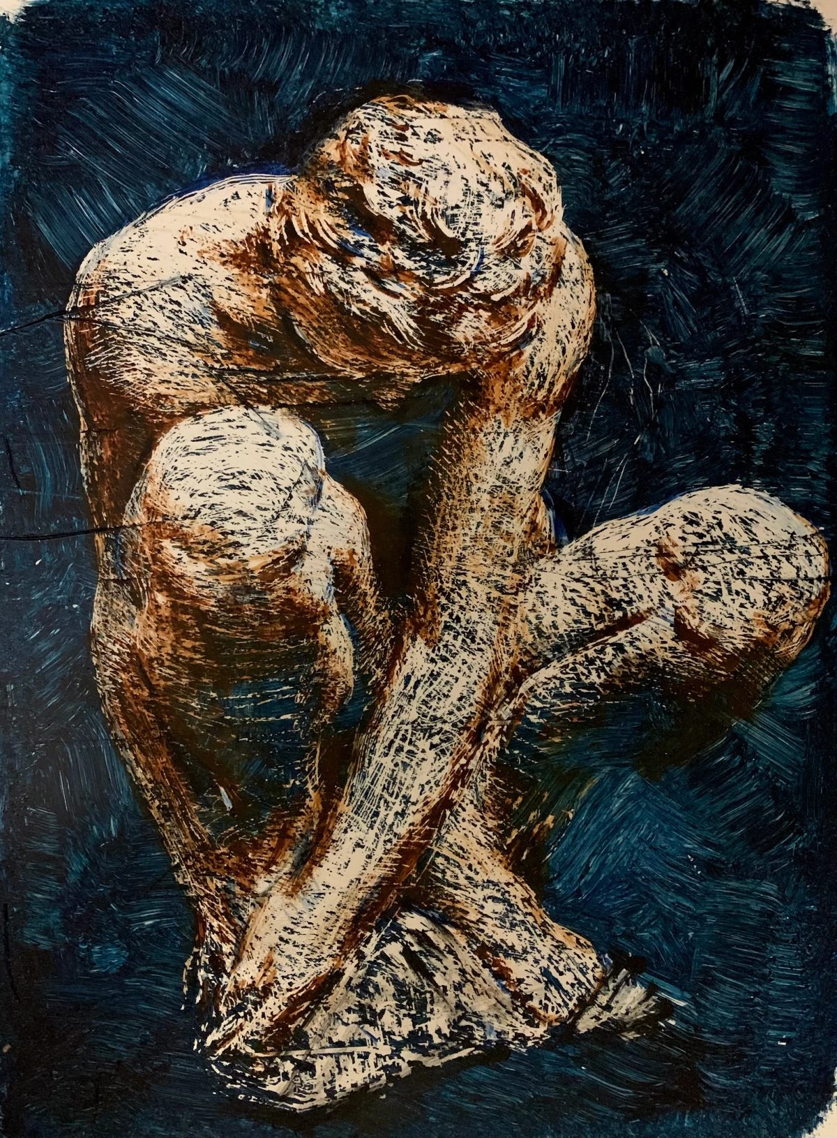 Nude figure seated with knees drawn up against a dark blue background.