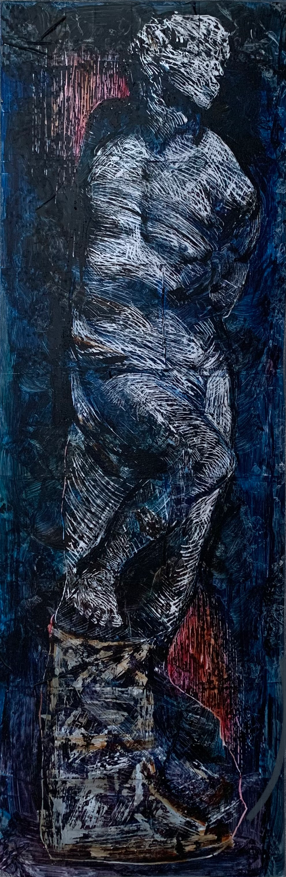 Dark blue graphic composition with a reclining figure rendered in white scratched lines.