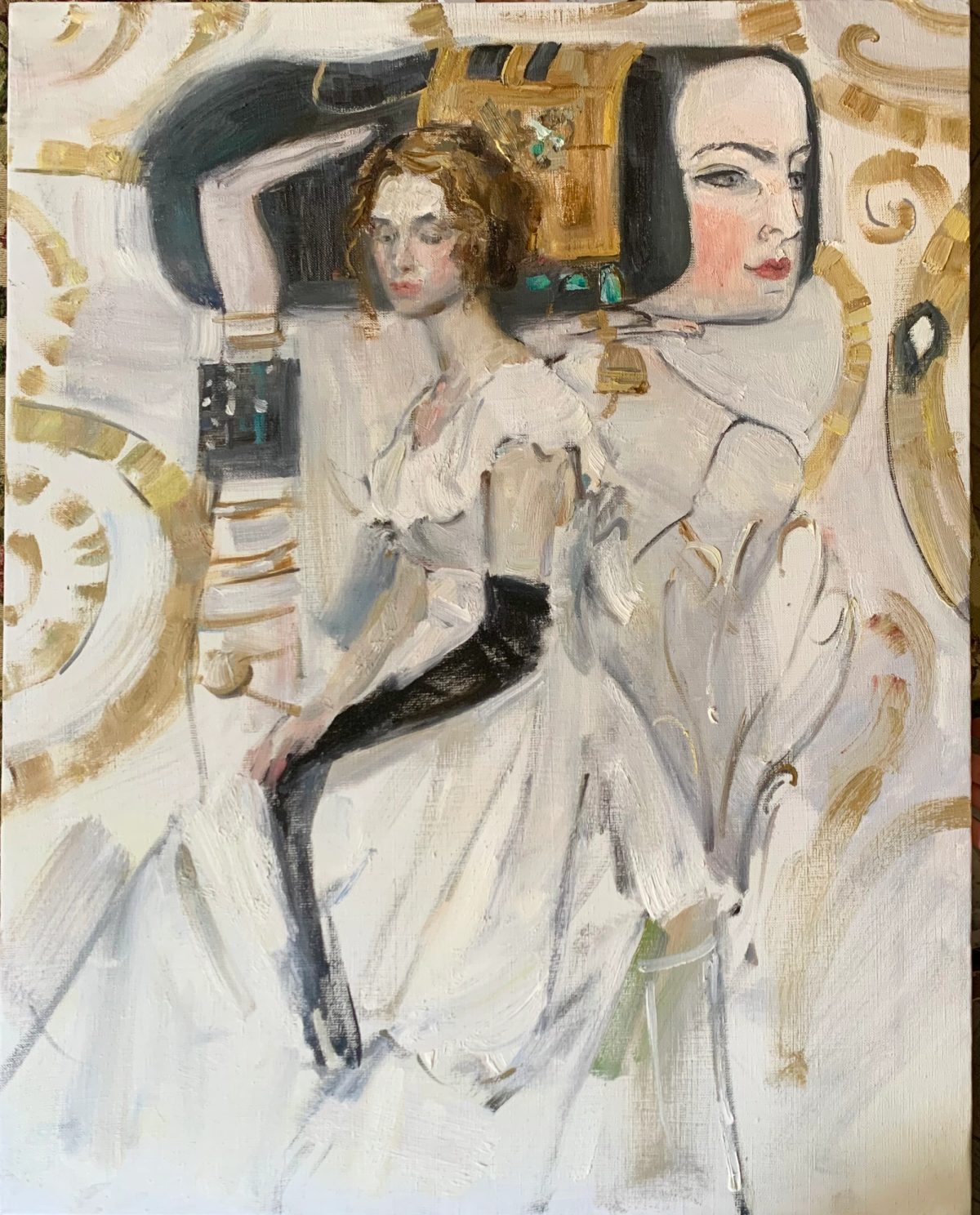 Woman in a voluminous white dress standing in an ornate mirrored interior.
