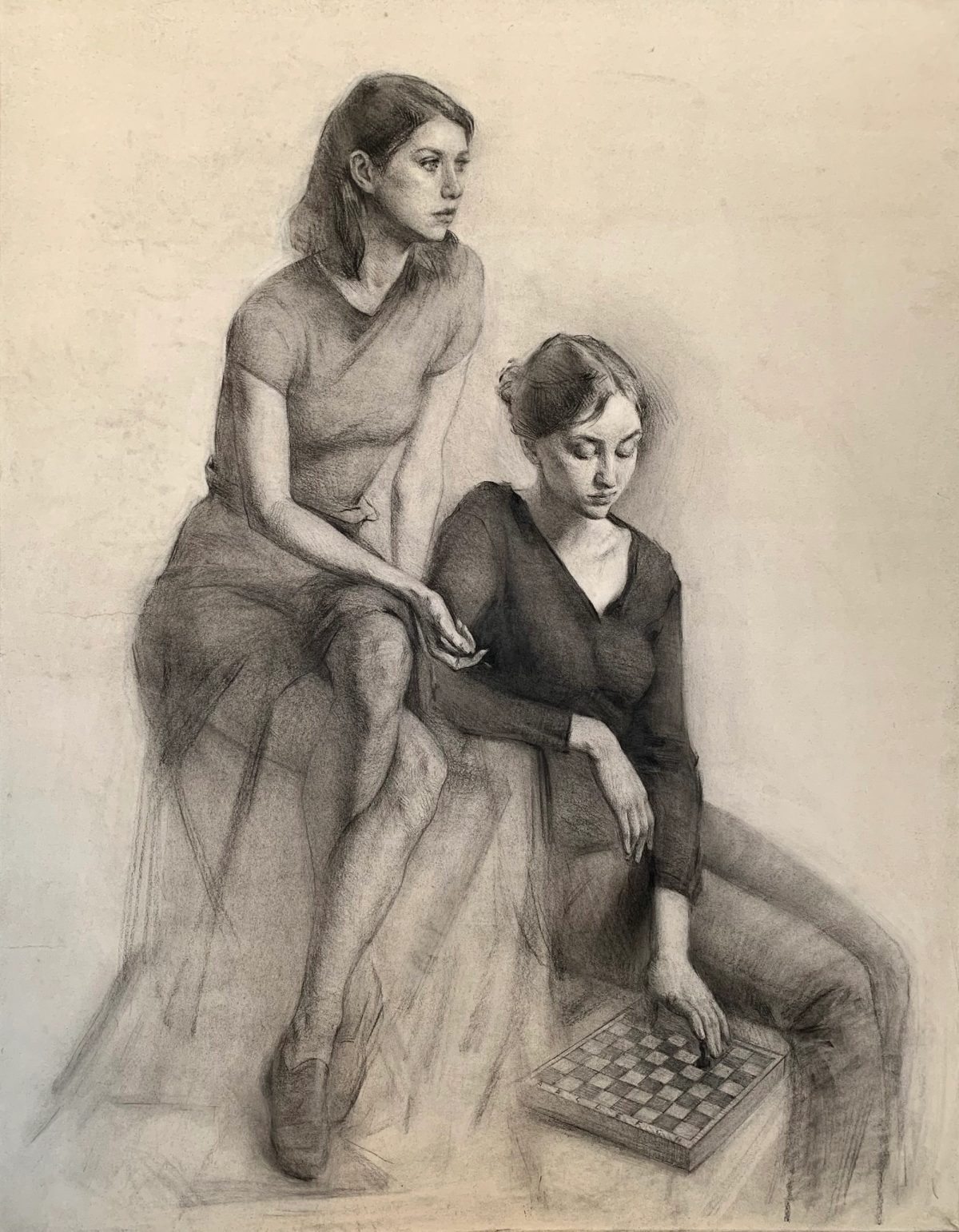 Charcoal drawing of two seated women with a chessboard at their feet.