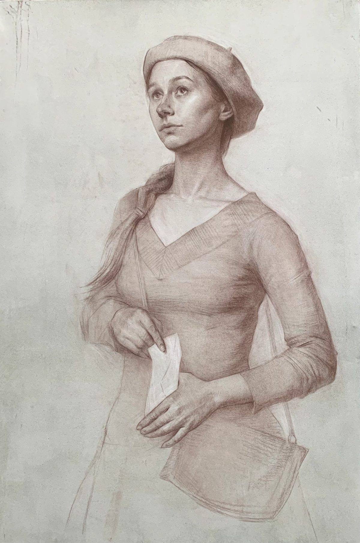 Sepia drawing of a woman in a beret holding a folded letter.