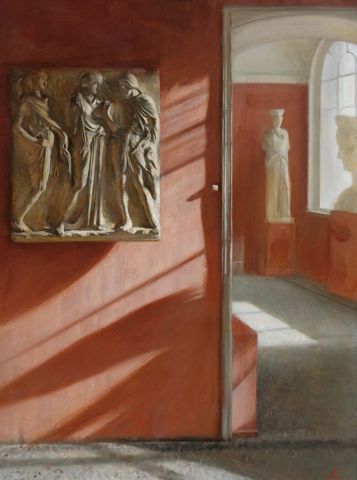 Red museum gallery with a framed painting of several figures and a sunlit arched window.