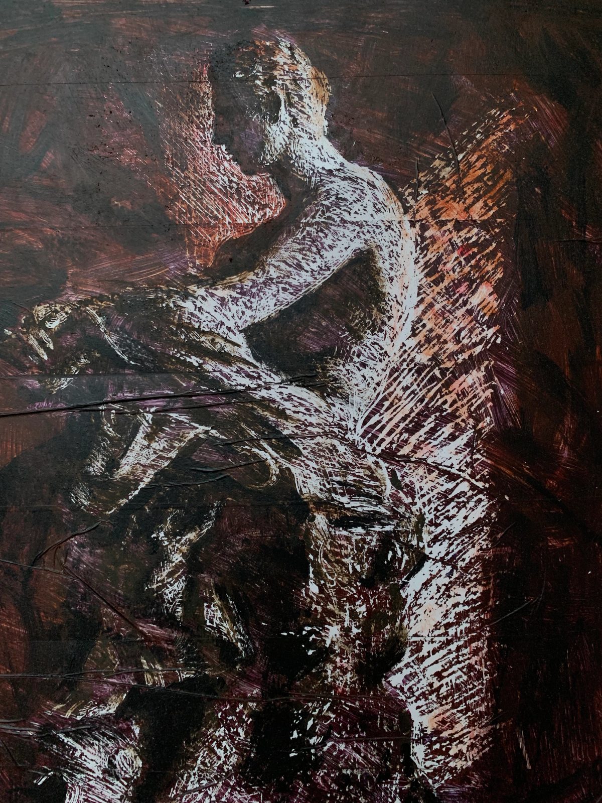 Seated figure rendered with pale scratched lines against a dark russet background.