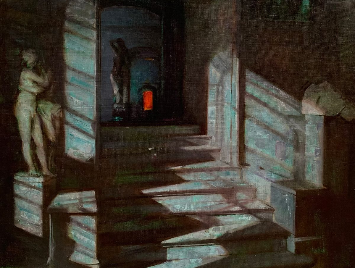 Dark museum gallery with sculptures, mirrors, and diagonal bands of blue light.