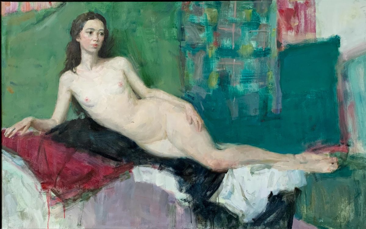 Nude woman reclining on a red and black couch against a green interior.