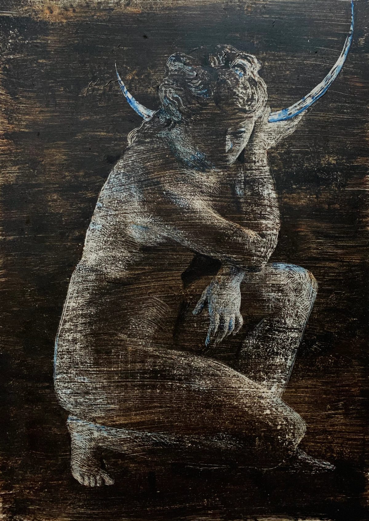 Seated nude figure embracing a second figure beneath a crescent moon.