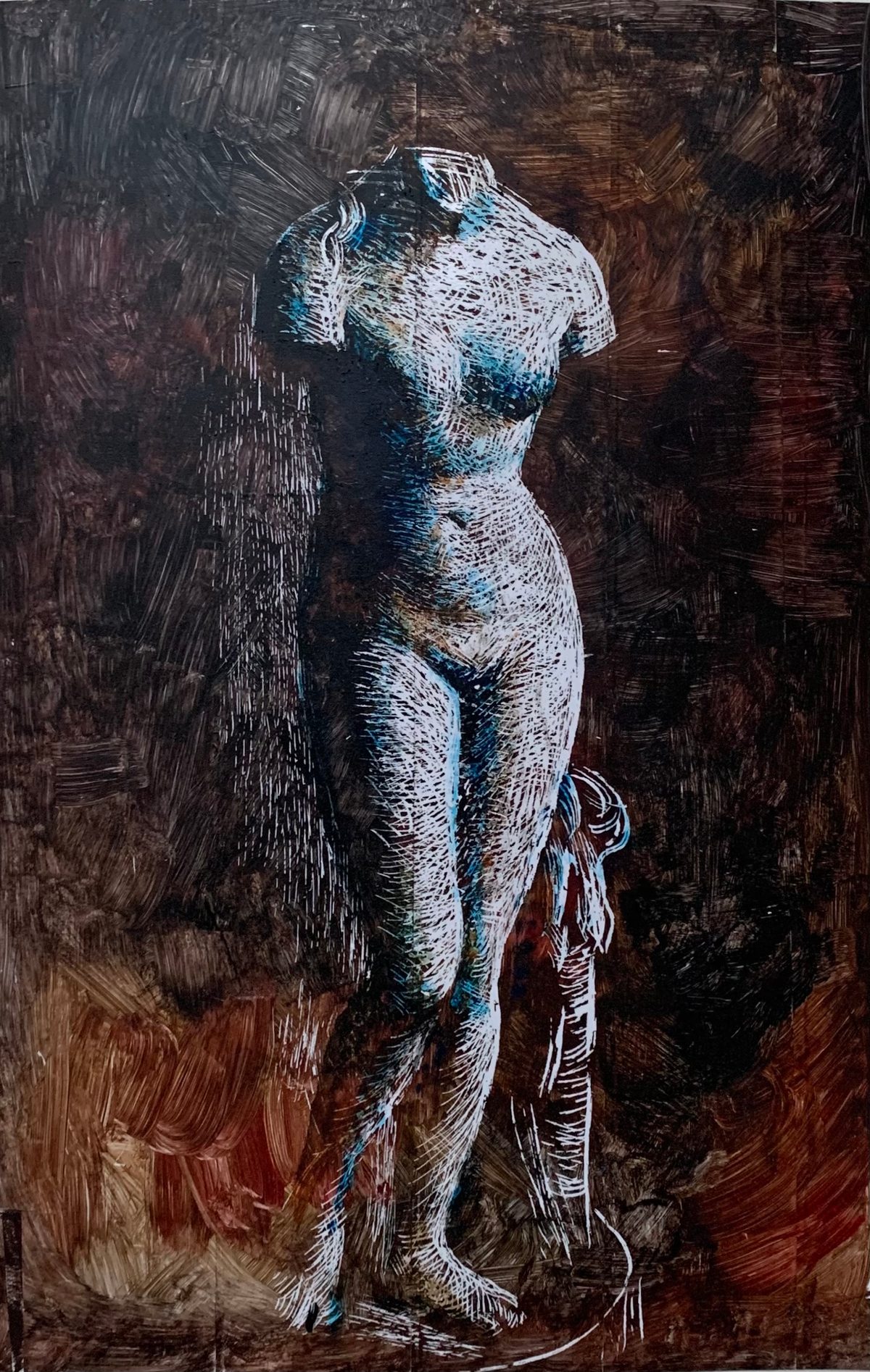 White and turquoise scratched outline of a standing classical female statue against a dark brown background.