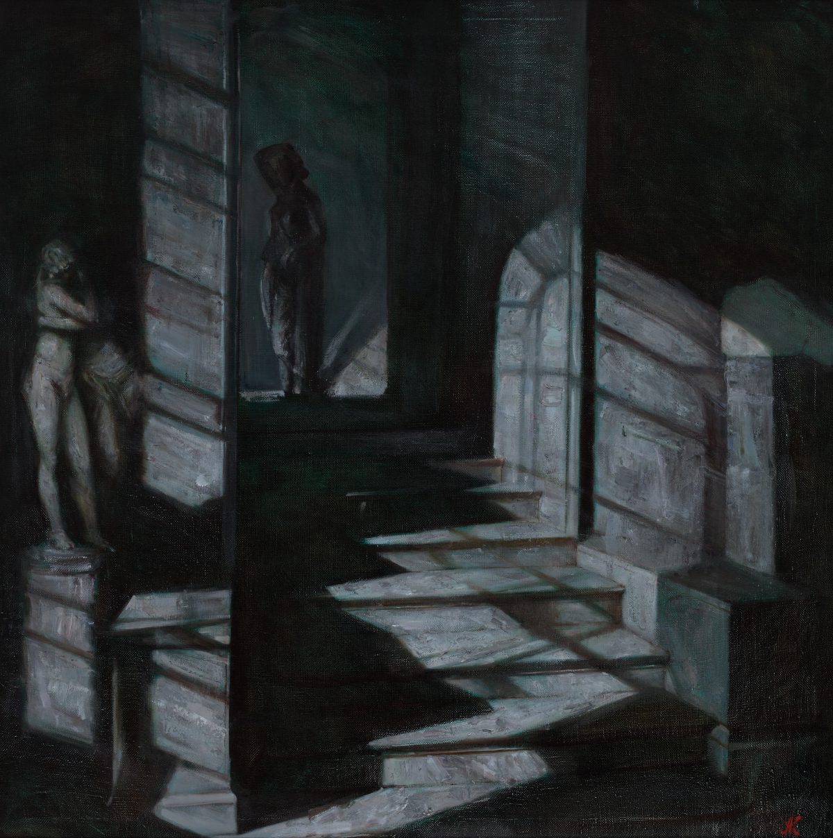 Red gallery with a woman seated near an easel and framed paintings.