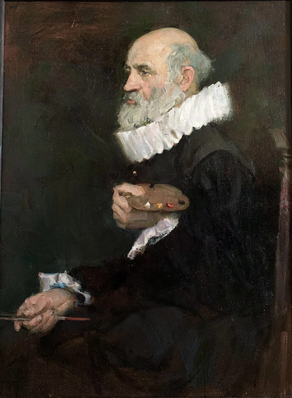Elderly bearded painter in black clothing with a white ruff, holding a palette and brushes.