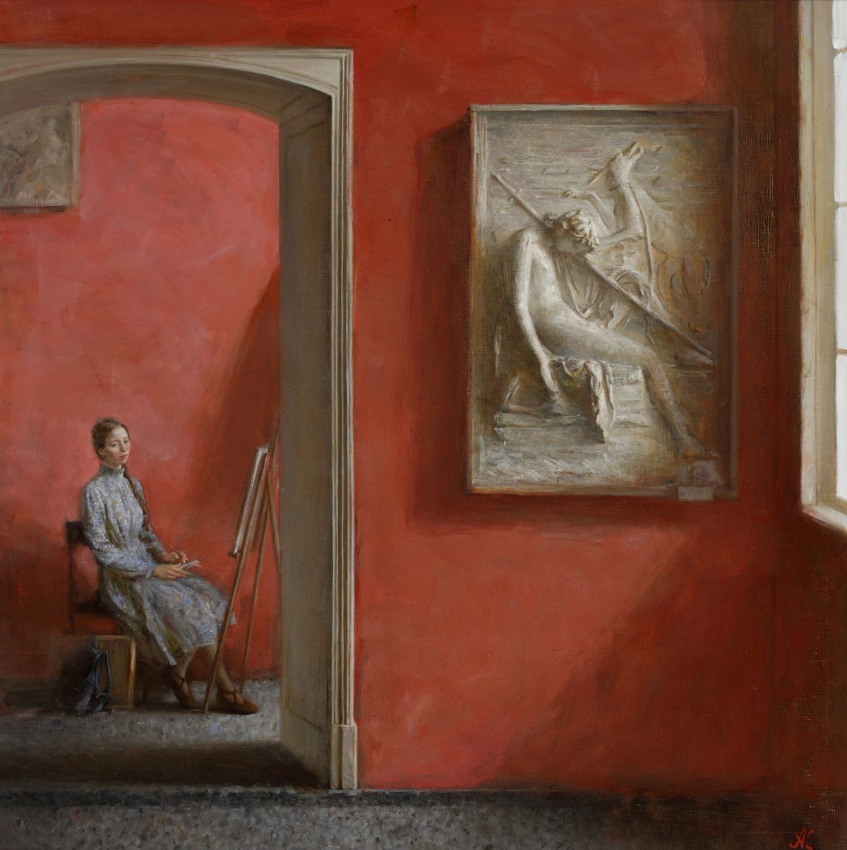 Dark gallery interior with a figure beside a turquoise-lit window.