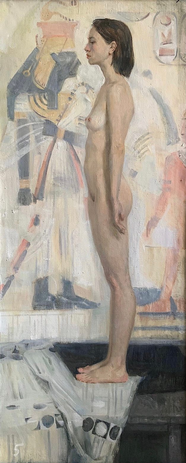 Nude woman standing in profile on a platform before a painted backdrop.