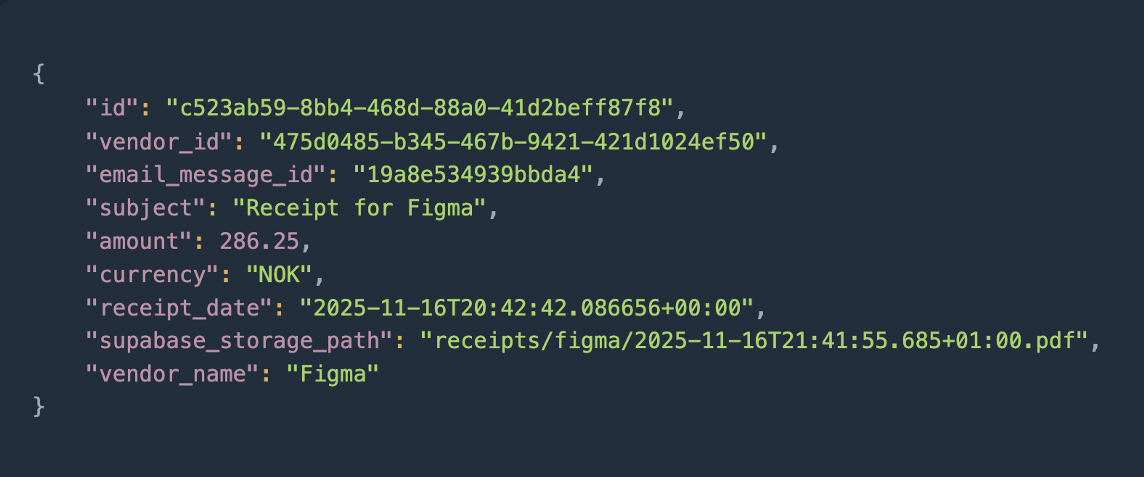JSON code displaying details of a receipt for Figma, including amount, date, and vendor name.