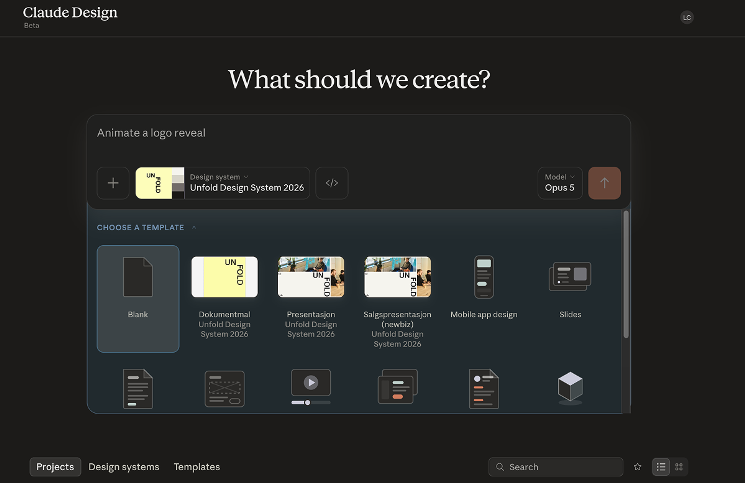 Claude Design interface showing options to create a logo reveal and choose from design templates.