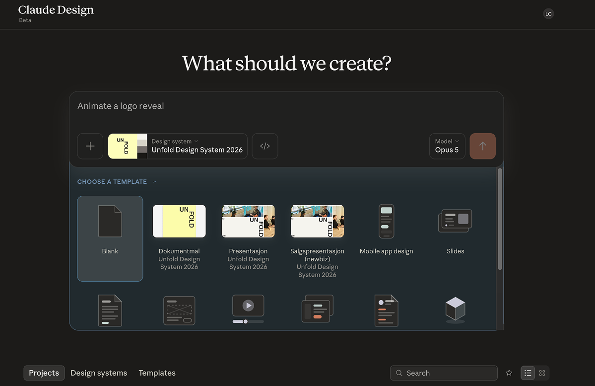 Claude Design interface showing options to create a logo reveal and choose from design templates.