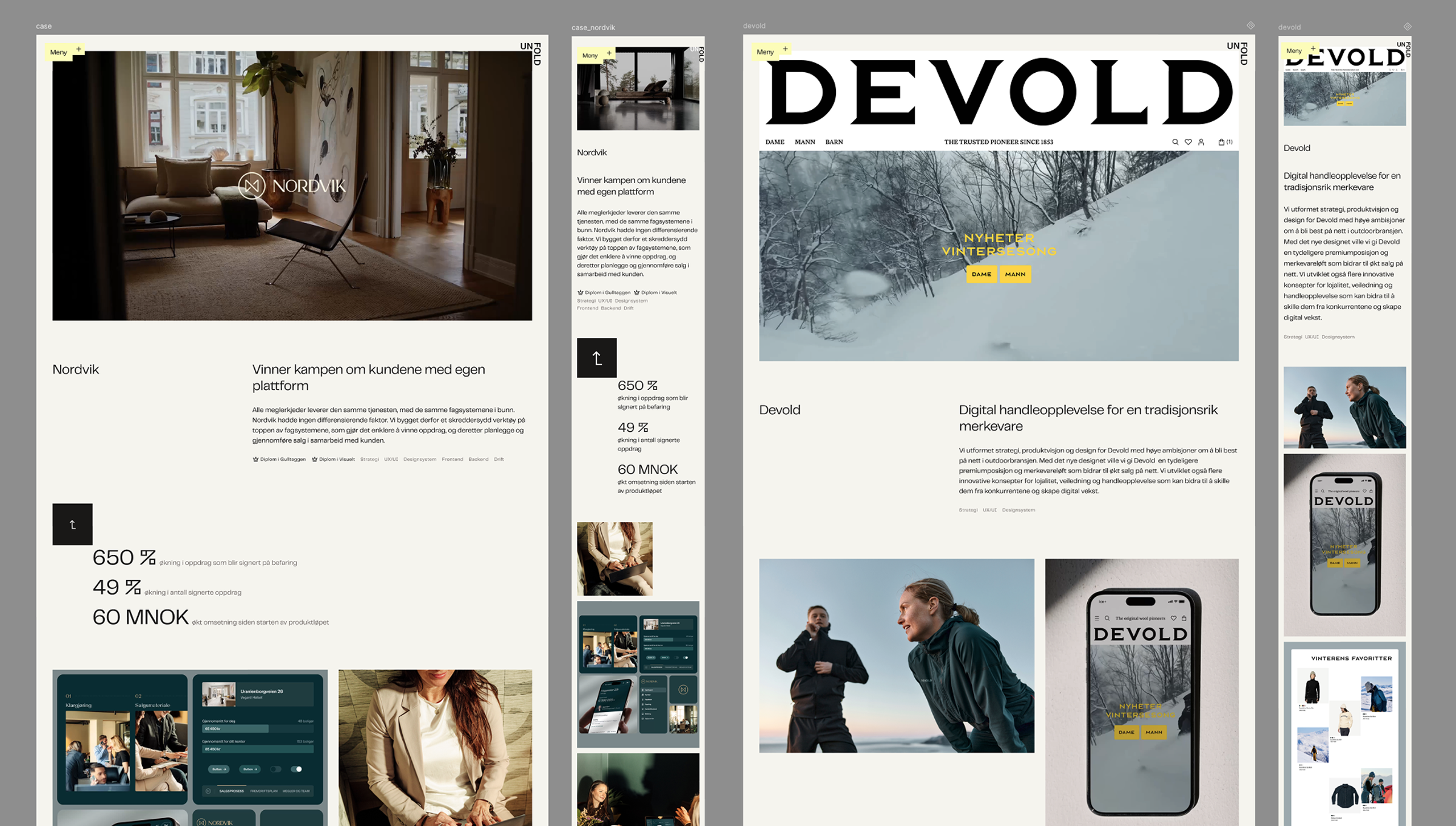 Web design case studies for Nordvik and Devold, featuring desktop and mobile layouts.