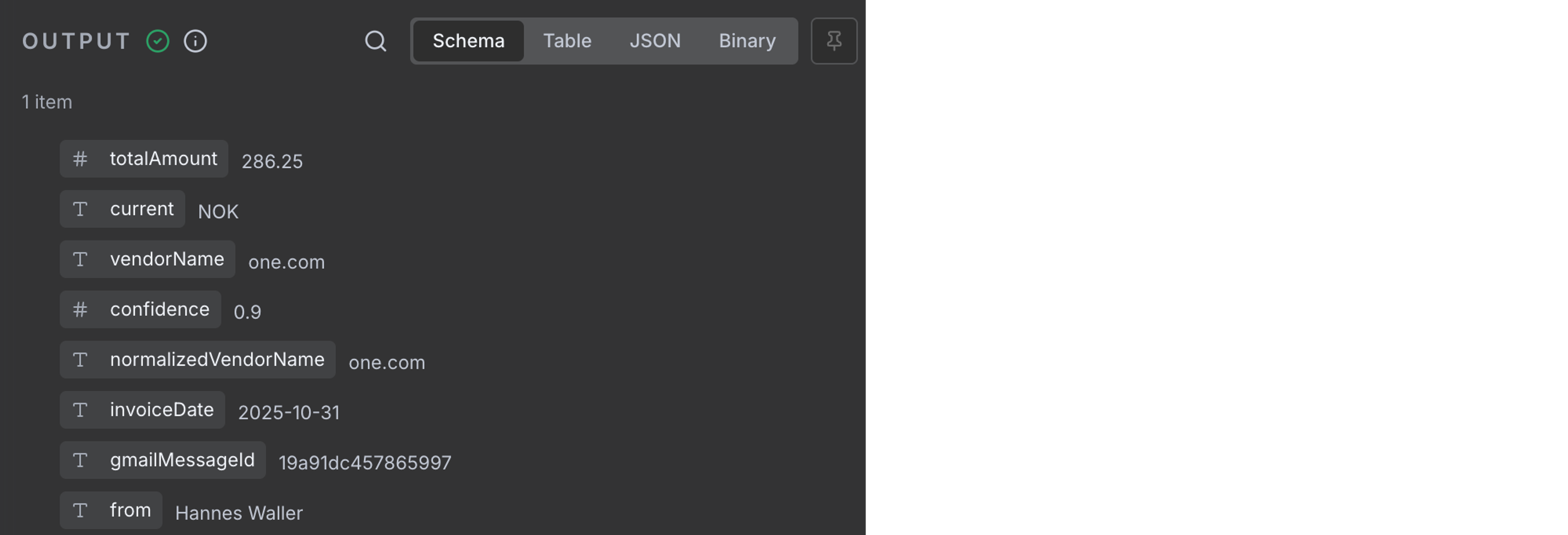 A dark-themed interface showing extracted invoice data, including total amount, vendor, and date.