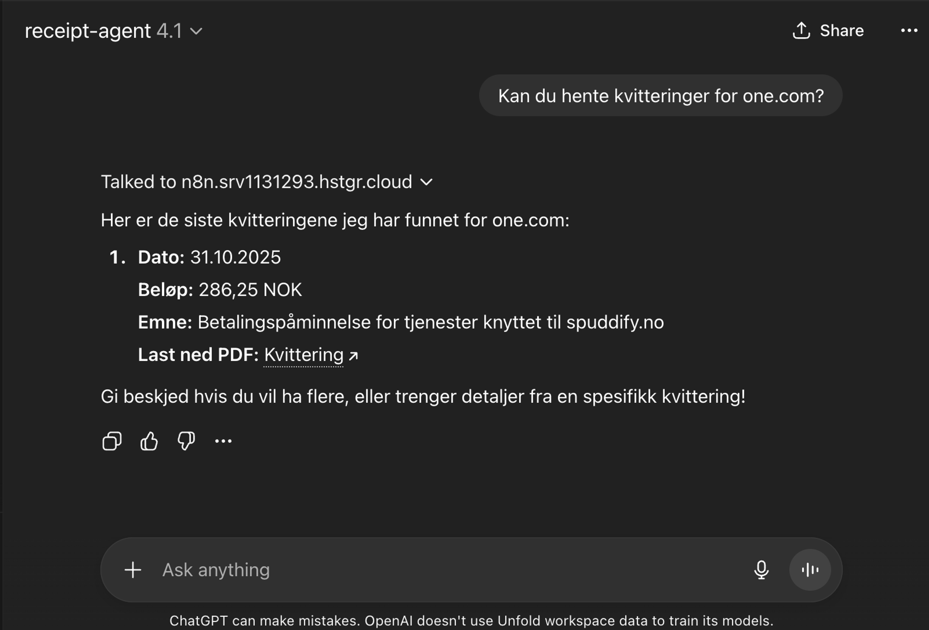 A dark-themed chat interface shows a 'receipt-agent' displaying a retrieved receipt dated 31.10.2025 for 286.25 NOK, following a user's request for receipts from one.com.