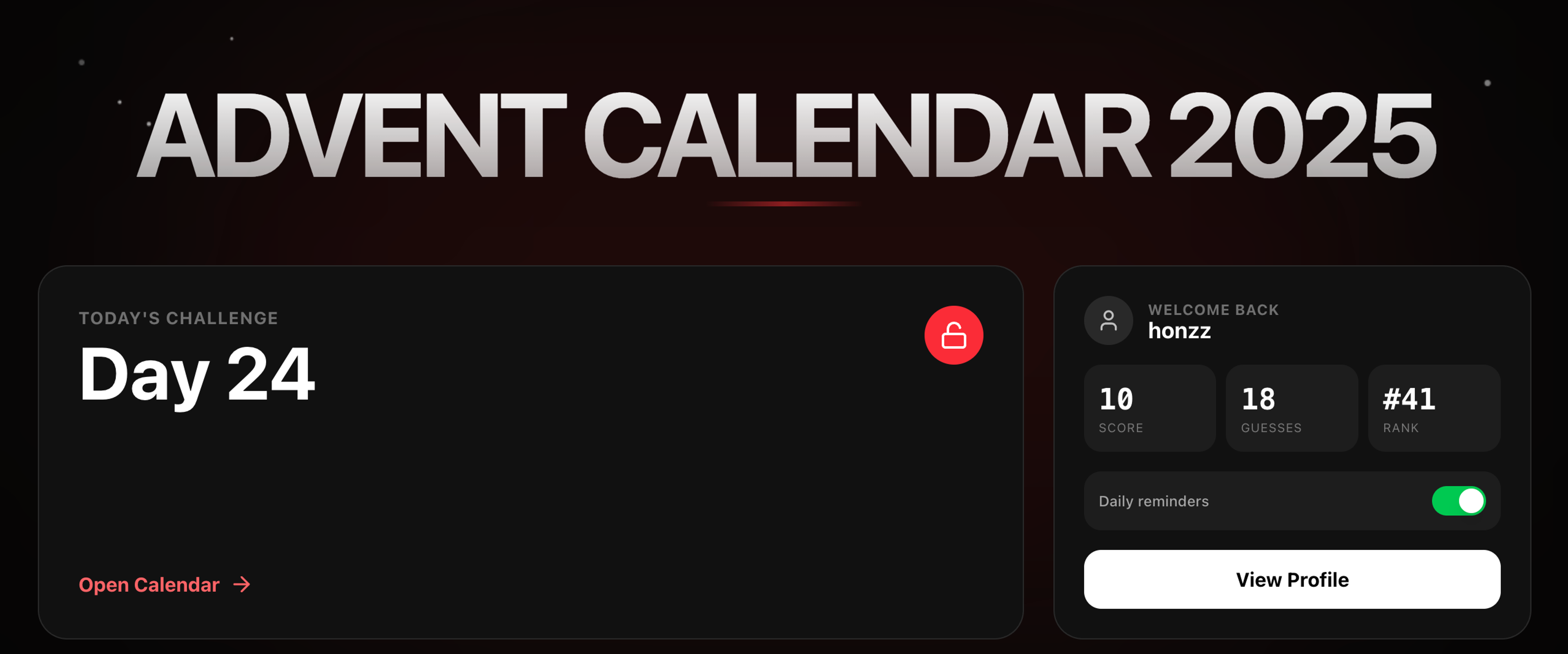 Advent Calendar 2025 dashboard showing Day 24 locked, and user stats for honzz with score and rank.