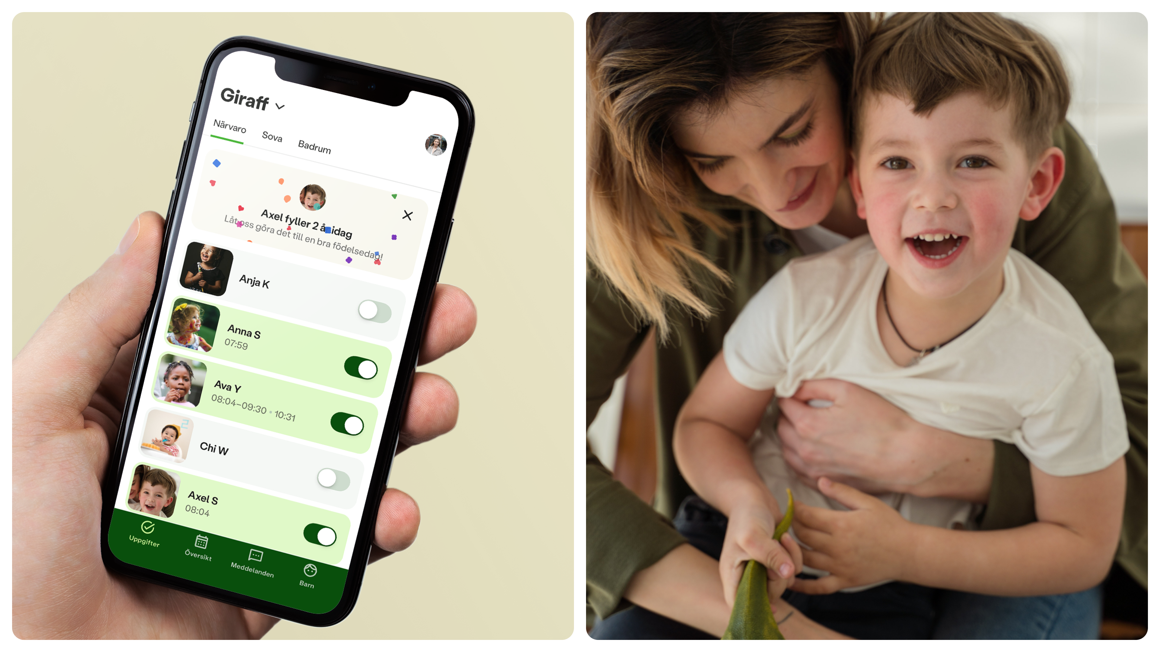 a woman holding a child next to a phone with the Dibber App